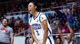 Charlotte Crown guard AD Richardson celebrates during the team’s 78-74 win over Savannah Steel at Bojangles Coliseum on June 14, 2026.