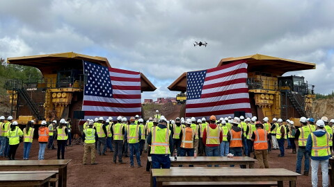 A large crowd gathers at the Mesabi Metallics mine near Nashwauk to hear remarks from federal officials on Sept. 17, 2026.