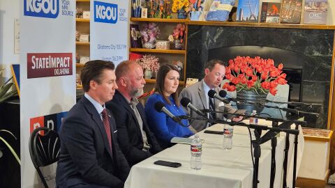 From left: State Senator Adam Pugh (R-Edmond), Deer Creek Superintendent Jason Perez, Oklahoma Voice's Nuria Martinez-Keel, and Logan Layden