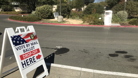 Vote my mail and ballot drop-off sign at the Mendocino county board of elections  