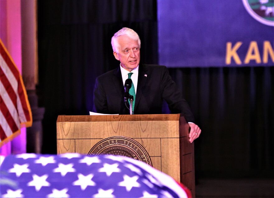  Former Democratic Congressman Jim Slattery speaking during Dole's Topeka memorial.