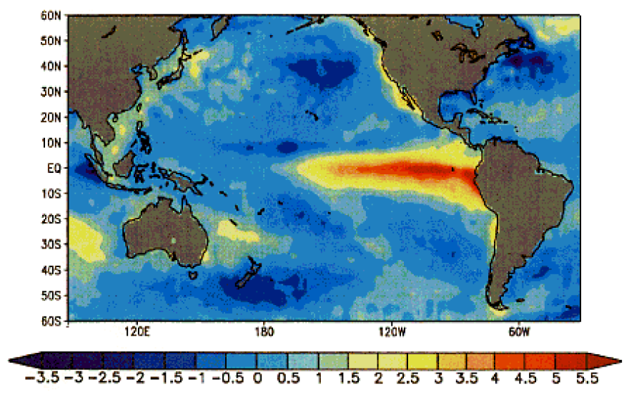 El Nino is associated with a band of warm water in the Pacific near the equator.