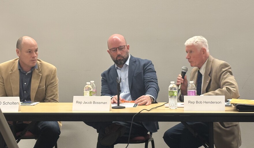 Iowa lawmakers from Sioux City, from left J.D. Scholten, Jacob Bossman and Bob Henderson, participated in a legislative forum by the League of Women Voters-Sioux City on March 28, 2026. (Bret Hayworth, Siouxland Public Media News)