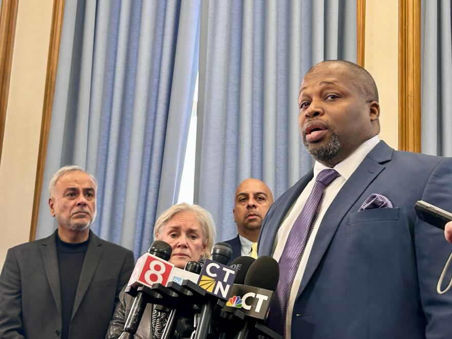 State Sen. Gary Winfield (D-New Haven) speaks to the press before the second day of the special legislative session convened on Nov. 13, 2025 at the State Capitol in Hartford, Connecticut. “People struggle to make that leap from one paycheck to the next…but it’s apparent in ways it hasn't been,” he said during floor debate for the bill creating the $500 million emergency relief fund. “I don't know how you can watch that and think about doing less than we could possibly do, which is what we're doing right here.”