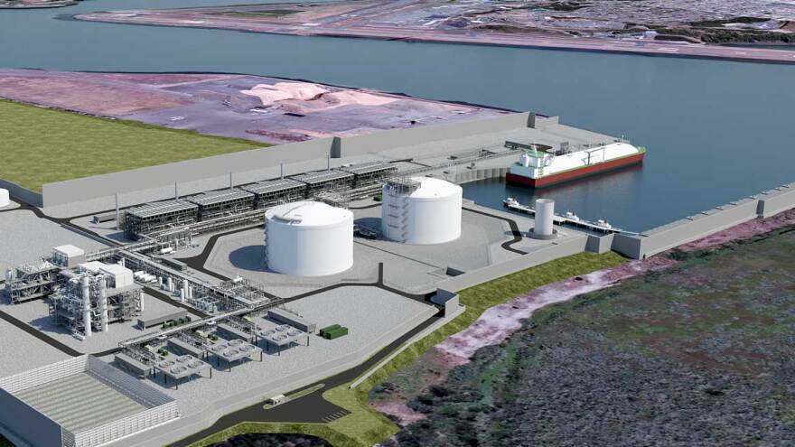 A digital visual rendition of the Jordan Cove liquified natural gas terminal proposed in Coos Bay, Ore.