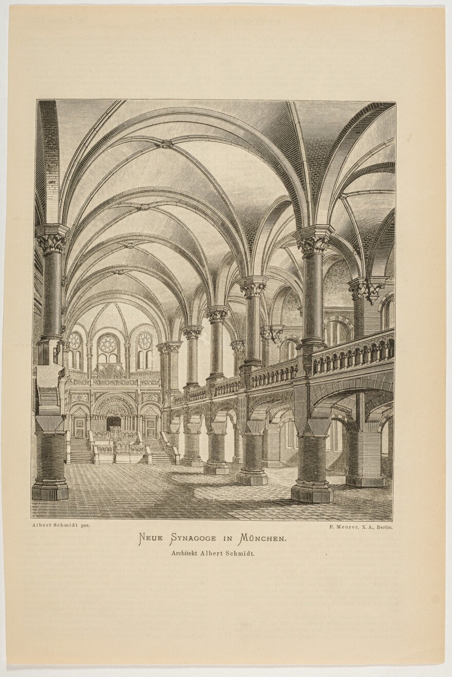 Interior of the main synagogue in Munich. Wood engraving by P. Meurer; Albert Schmidt (architect); <em>Deutsche Bauzeitung</em>; 1886.