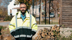 Reda Ibrahim in front of a worksite where he is building an affordable, energy-efficient home in Kansas City’s Lykins neighborhood.