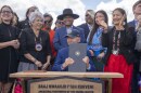 President Joe Biden smiles after signing a proclamation designating the Baaj Nwaavjo I'Tah Kukveni National Monument at the Red Butte Airfield Tuesday, Aug. 8, 2023, in Tusayan, Ariz.