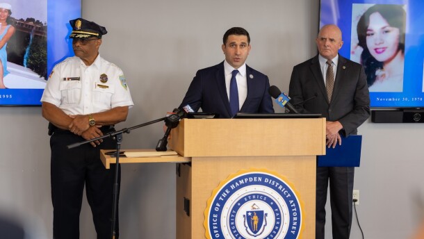 Springfield Police Superintendent, Lawrence Akers [left], Massachusetts State Police Colonel Geoffrey Noble [right] and Hampden District Attorney Anthony Gulluni [center], speaking to the press about 24-year-old Springfield resident and a mom, Celestina Perez, and her solved murder.