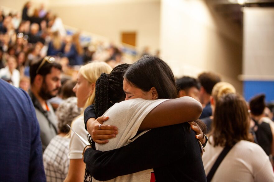 Hundreds of mourners gather at the Academy of the Holy Angels in Richfield for a vigil for the two children who were killed and the several children and parishioners injured in a shooting at Annunciation Church on Wednesday, Aug. 27, 2025 in south Minneapolis.