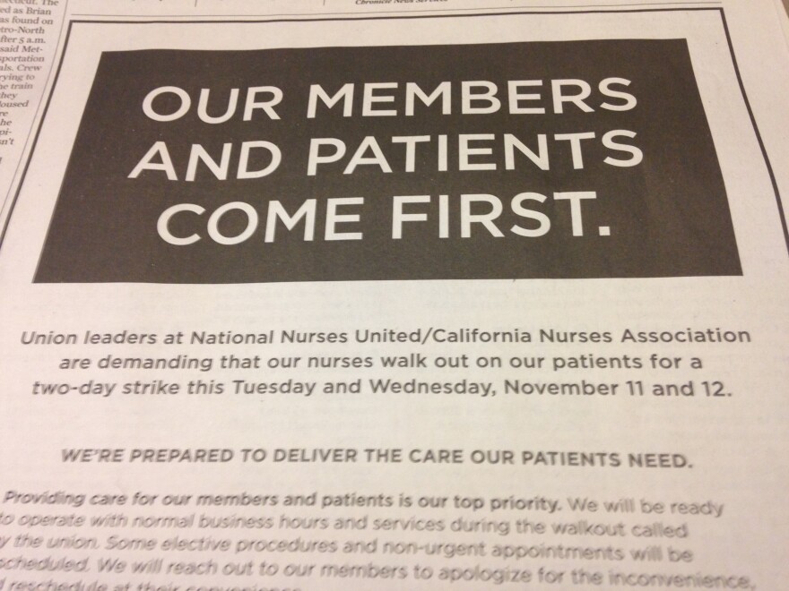 Kaiser Permanente is running ads in Northern California papers in advance of the proposed strike.