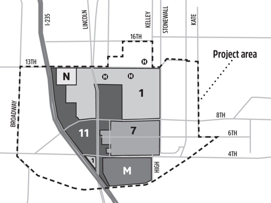 The planned tax increment finance district, the 11th in Oklahoma City so far, will be formed by untapped portions of TIF Districts 1 and 7. Data source: City of Oklahoma City. 