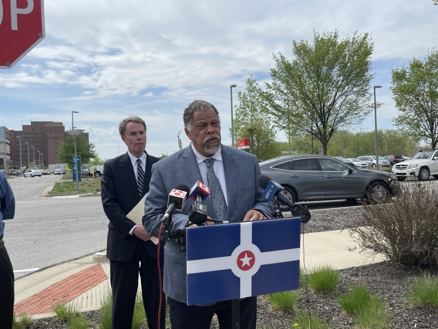 IMPD Chief Taylor and Indianapolis Mayor Joe Hogsett talk to media in April following a shooting.