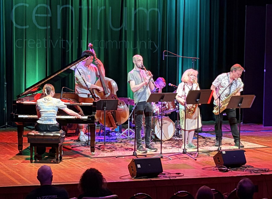 Anat Cohen (seated in front) watches her Blues Berries student band and Centrum's Jazz Port Townsend.