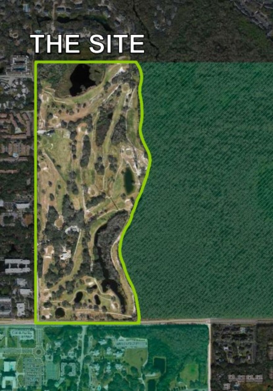 Green aerial map with a yellow lining the spot for development.
