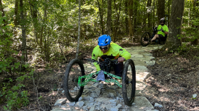 A photo of a bridge in Greensboro's new adaptive mountain bike trail 