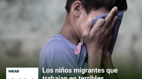 En la imagen se puede observar un joven con piel morena y pelo negro se encuetra sudando y se le puede observar usando una camiseta color purpura para limpiarse la cara. La cara del joven no se puede ver ya que esta siendo cubierta por la camiseta. En el lado inferior de la imagen esta el logo de Que Onda Michigan sobre un fondo blanco. En la parte derecha las siguientes palabras estan escritas: "Los niños migrantes que trabajan en condiciones terribles en Michigan." En el lado superior de la imagen se encuentra las pablaras "WKAR" en color blanco.  y "Episodio 91".