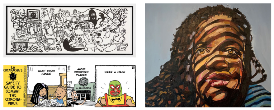 These three pieces of art are among the many being featured in the Mint Museum's upcoming "Silent Streets" exhibit. At top left: Paul Chan; die Seuche (epidemic); 2020; ink on paper. Bottom left: Lalo Alcaraz; La Cucaracha; April 2020; comic strip. Right: Beverly McIver; Blinding Light; 2020; oil on canvas.