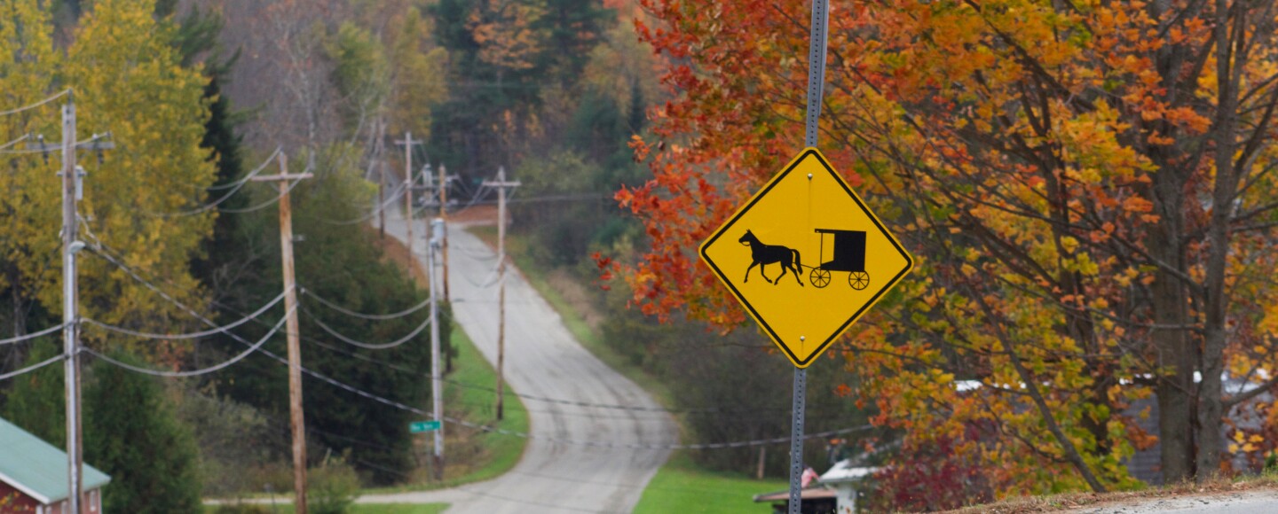 A yellow road sign picturing a horse-and-buggy sits next to a Vermont road.
