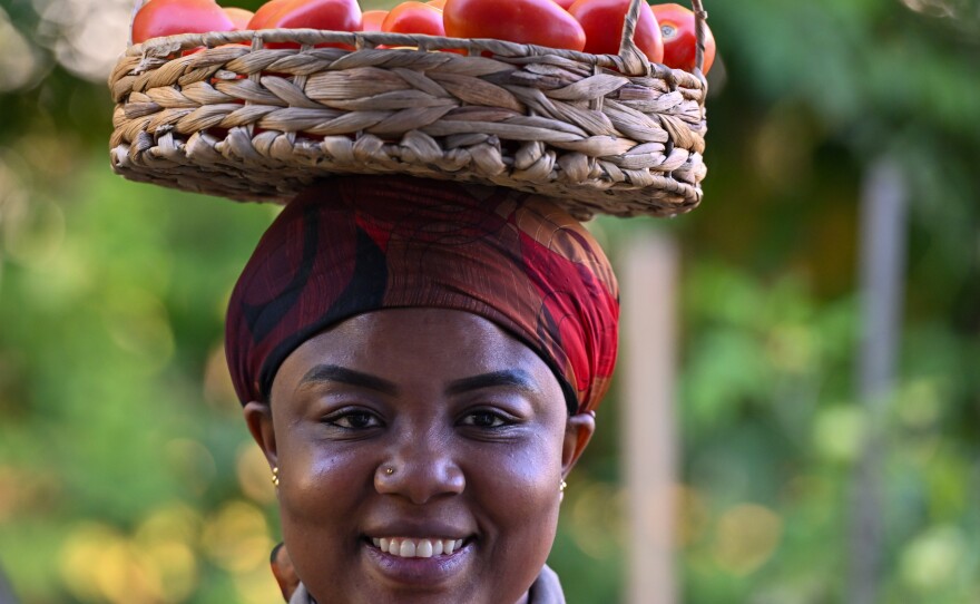 Prisca Mukelo carries a basket of tomatoes on her head at the Congolese Community of Scranton's garden in the city's South Side.