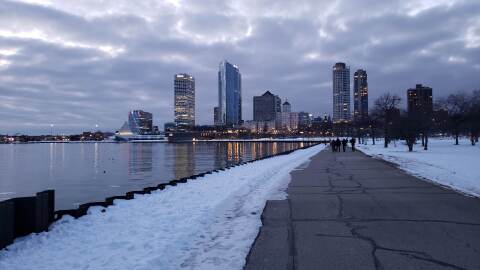 View of Milwaukee lakefront from Veteran's Park on a cold and snowy January evening.