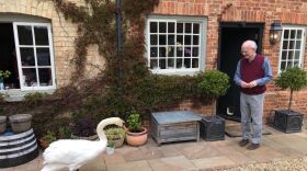 Composer John Rutter and one of his friendly neighborhood geese have a chat