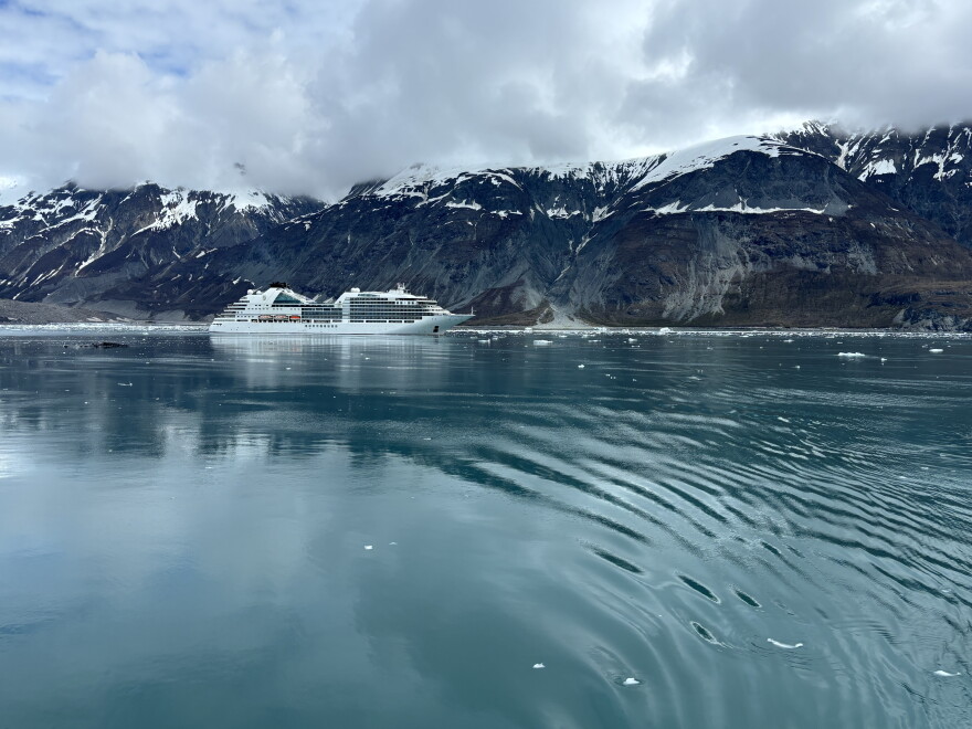 A cruise ship travels through Glacier Bay National Park in May 2026.