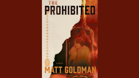 cover of "The Prohibited" by Matt Goldman; image in red and orange of a woman seen through the glass of a whiskey bottle