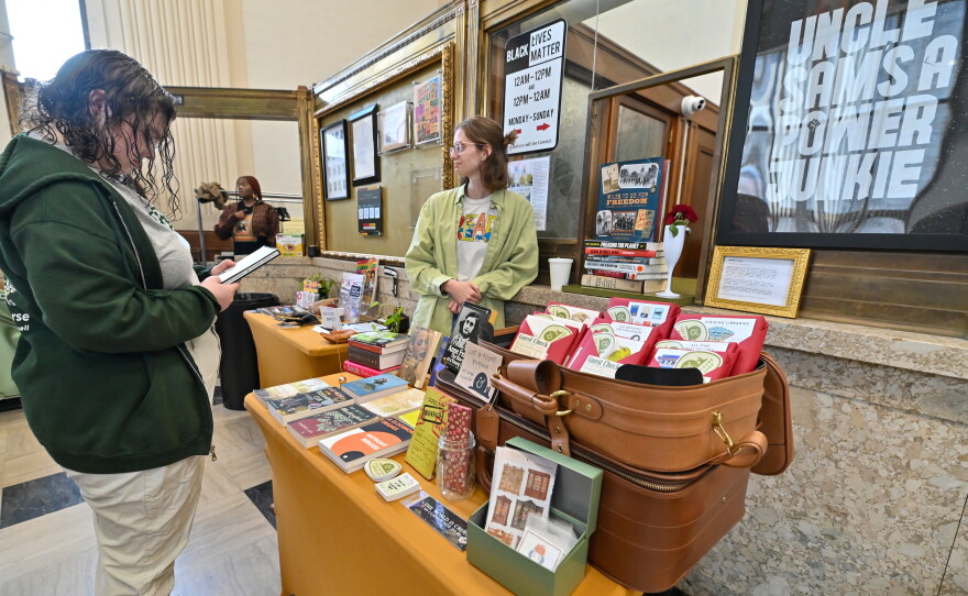 Kaylee Magda, owner of the Lost and Found Book Shop brought some banned books.
