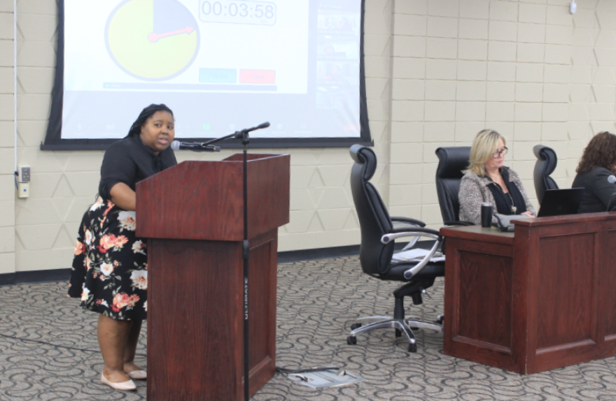 Tulsa Public Schools District 2 board candidate Sharita Pratt speaks before the board on Monday, Feb. 13, 2023, at the TPS service center.