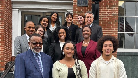 Plaintiffs and their legal team outside the U.S. Western District of Virginia courthouse last year, following the motion to dismiss hearing. Pictured left to right in front: Reverend Cozy Bailey, President of the Virginia chapter of the NAACP, and Shenandoah County students Briana Brown and A.D. Carter, V. Pictured left to right in the middle row: Ryan Downer and attorneys Li Reed and Marja Plater. (The rest of the legal team is behind)