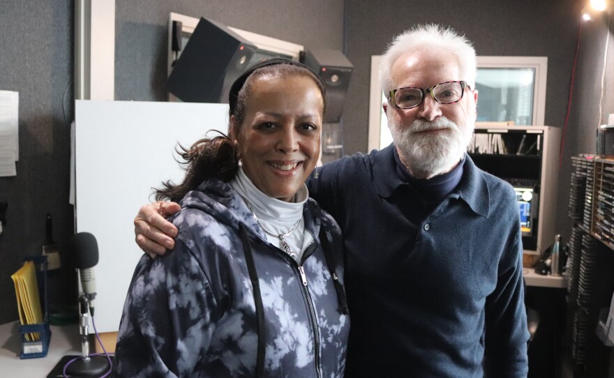 Bev Conklin with Bill Dautremont-Smith in the WDIY studios.
