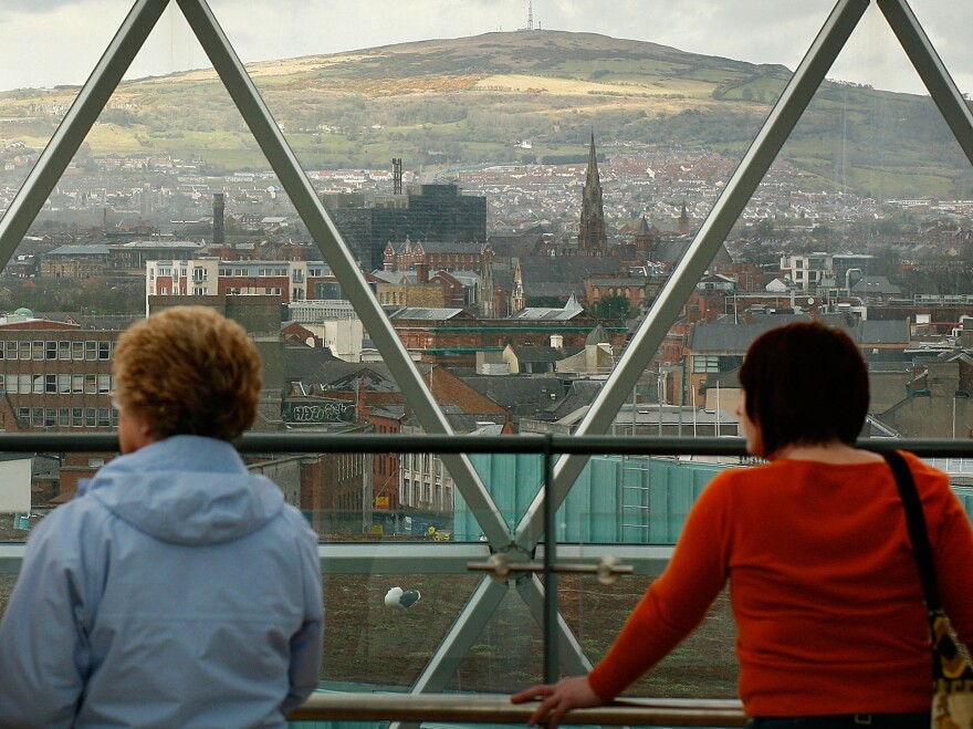 The Victoria Square shopping center's observation deck offers a panoramic of Belfast's skyline.