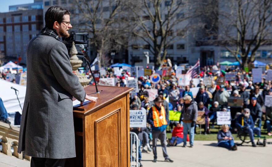 Democratic U.S. House candidate William Lawrence speaks at a No Kings rally at the Michigan Capitol in Lansing, Mich., on March 28, 2026.
