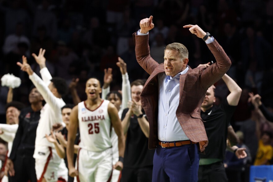 Alabama coach Nate Oats reacts after a score during the second half of the team's second-round college basketball game against Maryland in the men's NCAA Tournament in Birmingham, Ala., Saturday, March 18, 2023. (AP Photo/Butch Dill)