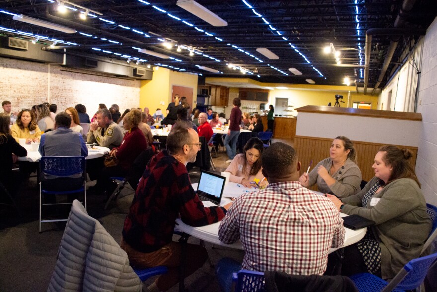 About 80 local residents, parents, and educators gathered at Eastern Mennonite University in November for the first large group discussion of the community dialogue process.