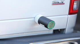 A police launched GPS dart is attached to this truck in a demonstration of the technology to reduce high-speed police chases.