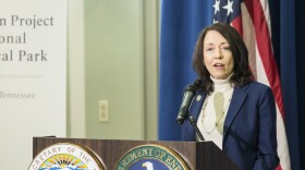 U.S. Senator Maria Cantwell of Washington addresses a gathering of park supporters and the news media at the South Interior Building in downtown Washington, D.C., on November 10, 2015.