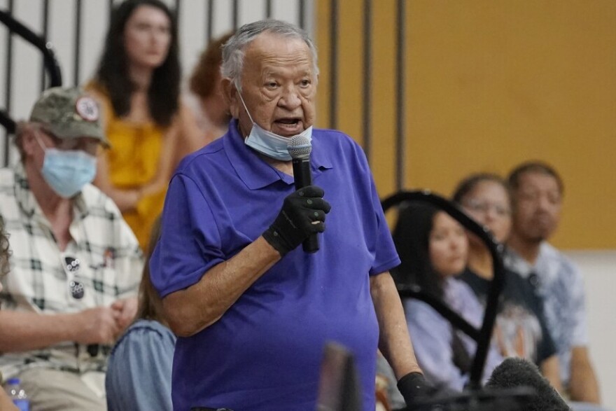 Donald Neconie, 84, a former U.S. Marine and member of the Kiowa Tribe, recounts his experiences as a child at an Indian boarding school Saturday, July 9, 2022, in Anadarko, Okla., during a meeting to hear about the painful experiences of Native Americans who were sent to government-backed boarding schools designed to strip them of their cultural identities. One by one, Native American tribal elders who were once students at government-backed Indian boarding schools testified about the hardships they endured: beatings, whippings, sexual assaults, forced haircuts and painful nicknames.
