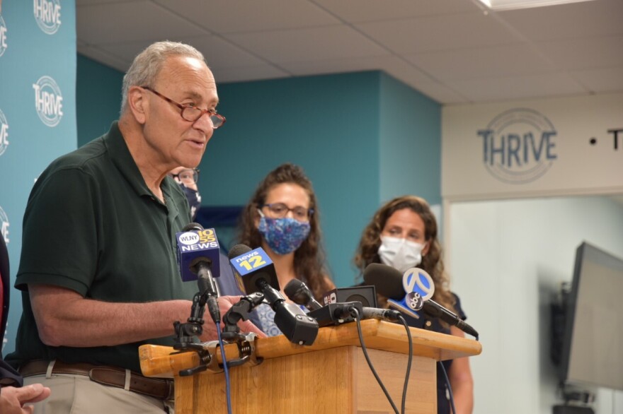 Senate Majority Leader Chuck Schumer of New York joined addiction survivors at THRIVE Recovery Community and Outreach Center in Westbury on August 19, 2021 to announce a push for more federal funds to combat drug addiction on Long Island.