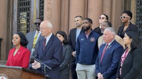 New Albany city budget advisor Bob Ward speaks at a press conference outside City Hall on Friday, May 29, 2026.
