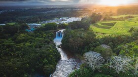 An overhead shot of O.K. Farms and Wailuku River near Hilo, Hawaiʻi.