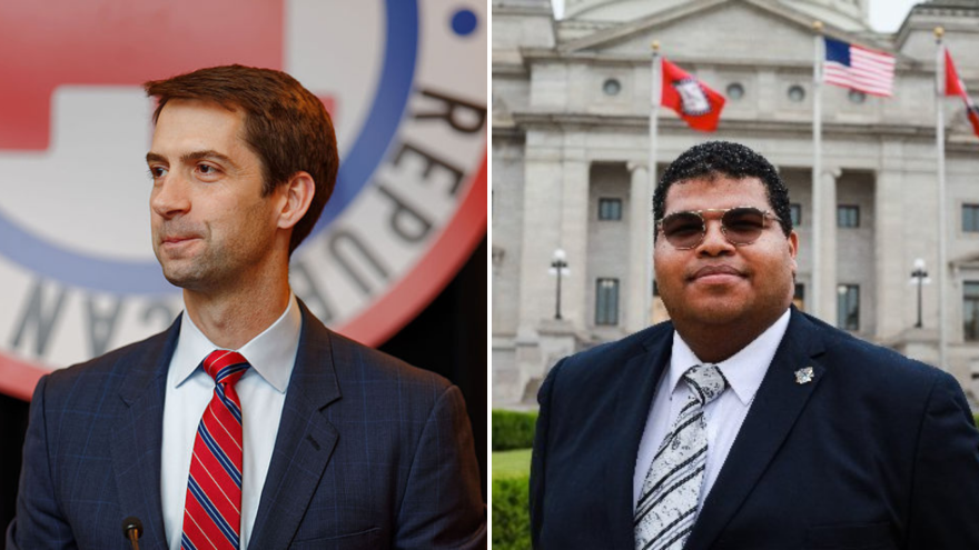 U.S. Senator Tom Cotton (R-AR) (left) is running for re-election to his seat against Ricky Dale Harrington Jr. (L) (right). Cotton's picture was taken by Michael Vadon and was found in Wikipedia. Harrington's picture is from his campaign's Twitter account.