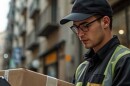 A delivery driver holding a package.