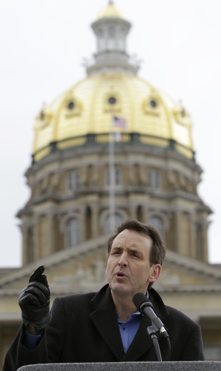 Former Minnesota Gov. Tim Pawlenty addresses a Tea Party rally at the Iowa State House on April 16. He's spending a lot of time in the state that neighbors his, site of crucial early contests in the 2012 race for the GOP presidential nomination.