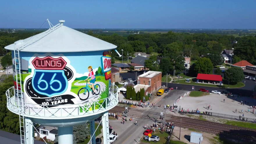 A drone shot of the McLean water tower.