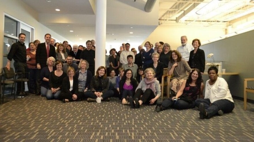 <em>Fresh Air</em>'s staff, surrounded by employees of WHYY at their 25th-anniversary party.