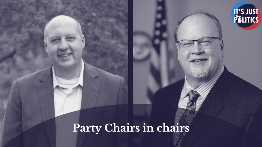 On the left is a monochromatic photo of Curtis Hertel. On the right is a monochromatic photo of Jim Runestad. At the bottom is an opaque, semi-circle with the words "Party Chairs in chairs". In the top right corner is the It's Just Politics logo.
