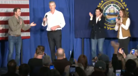 Congressman Chris Pappas welcomes CA Gov. Gavin Newsom to the stage during a Democratic rally at Exeter Town Hall, Saturday, October 18, 2026