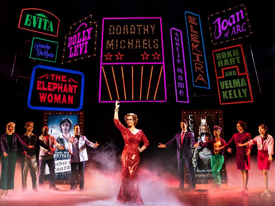 Santino Fontana (center) stars in <em>Tootsie</em>, one of the productions up for the Tony Award for best musical. Fontana is also nominated for best leading actor in a musical.